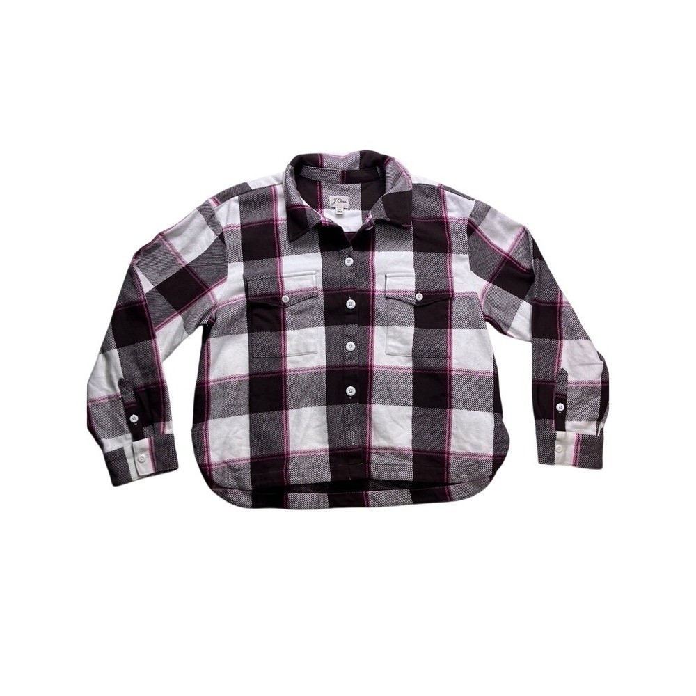 J. Crew Flannel Shirt Women 14 Brown White Pink Excellent Plaid Button Up Pocket